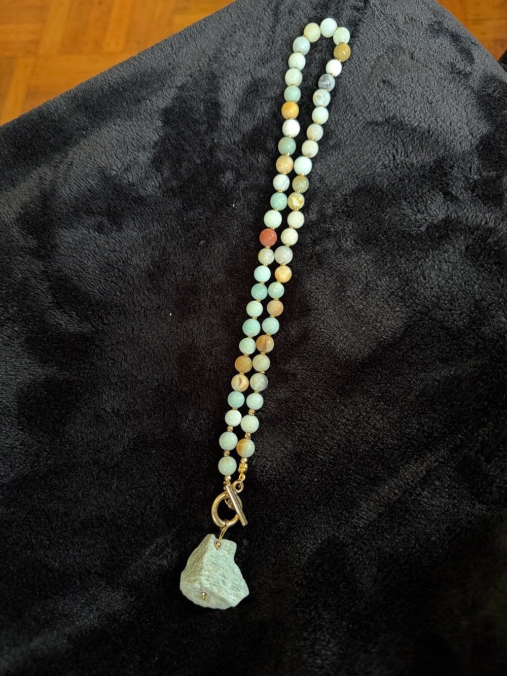 Beaded Amazonite Necklace with Raw Stone Pendant - Aqua & Gold